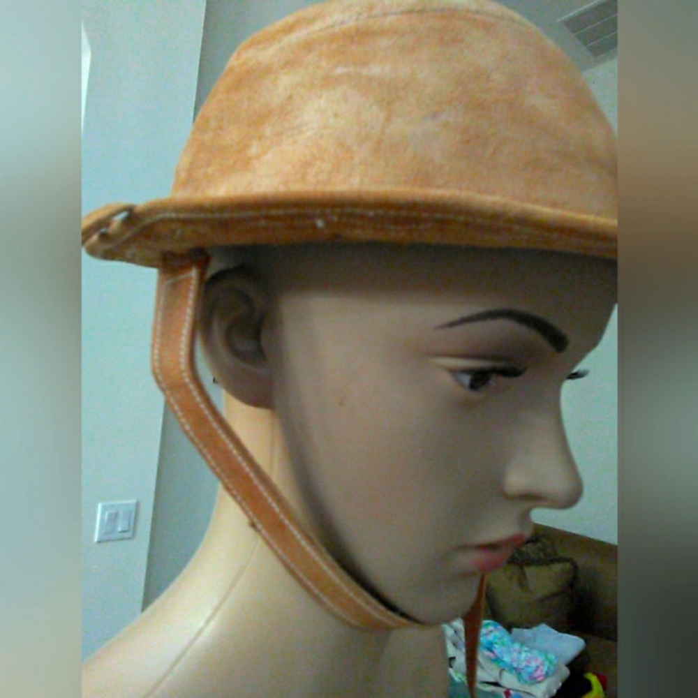 ANTIQUE/ VINTAGE LEATHER BOWLER HAT HANDMADE W/ STRAP ADJ. DECORATIVE BRIM - Picture 7 of 15